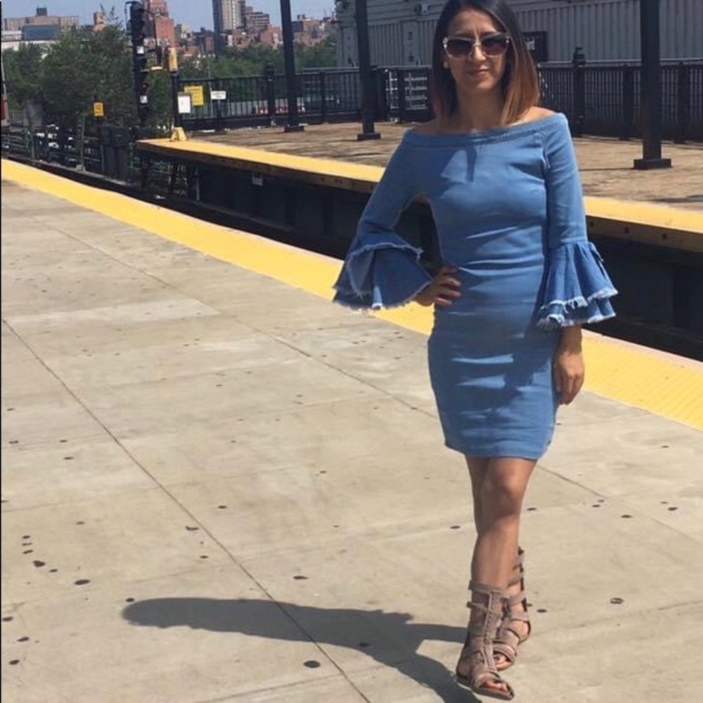 Denim ruffle sleeve mini dress